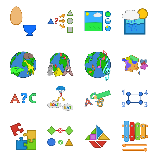 Sixteen colorful GCompris activity icons
