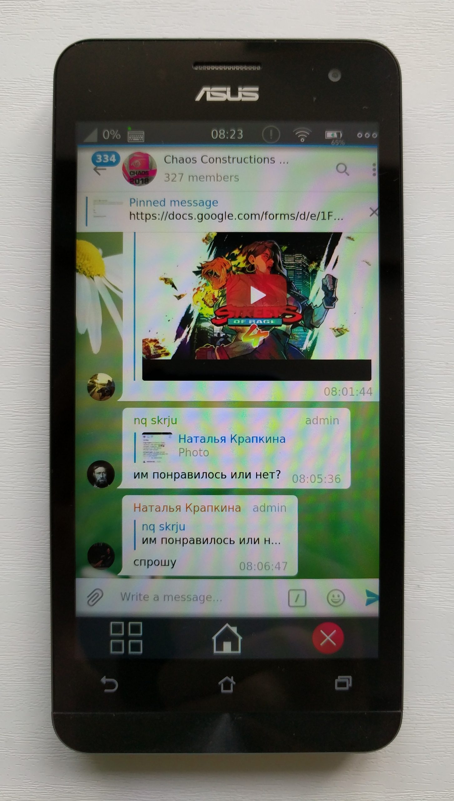 Telegram running on a Plasma Mobile phone