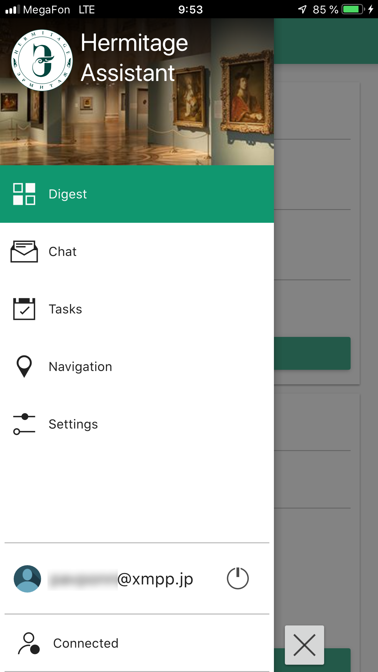 Hermitage Assistant navigation menu on a phone