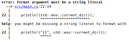 Rust compiler error suggesting a format string