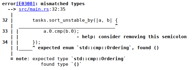 Rust compiler error for mismatched types