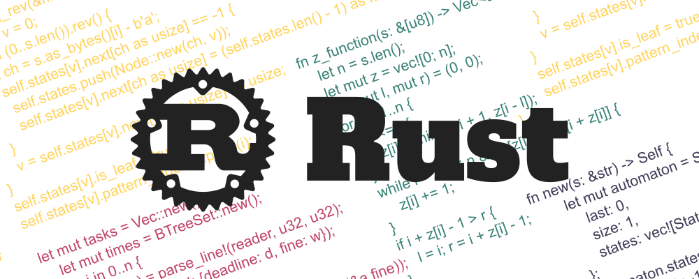 Rust logo over colorful source code