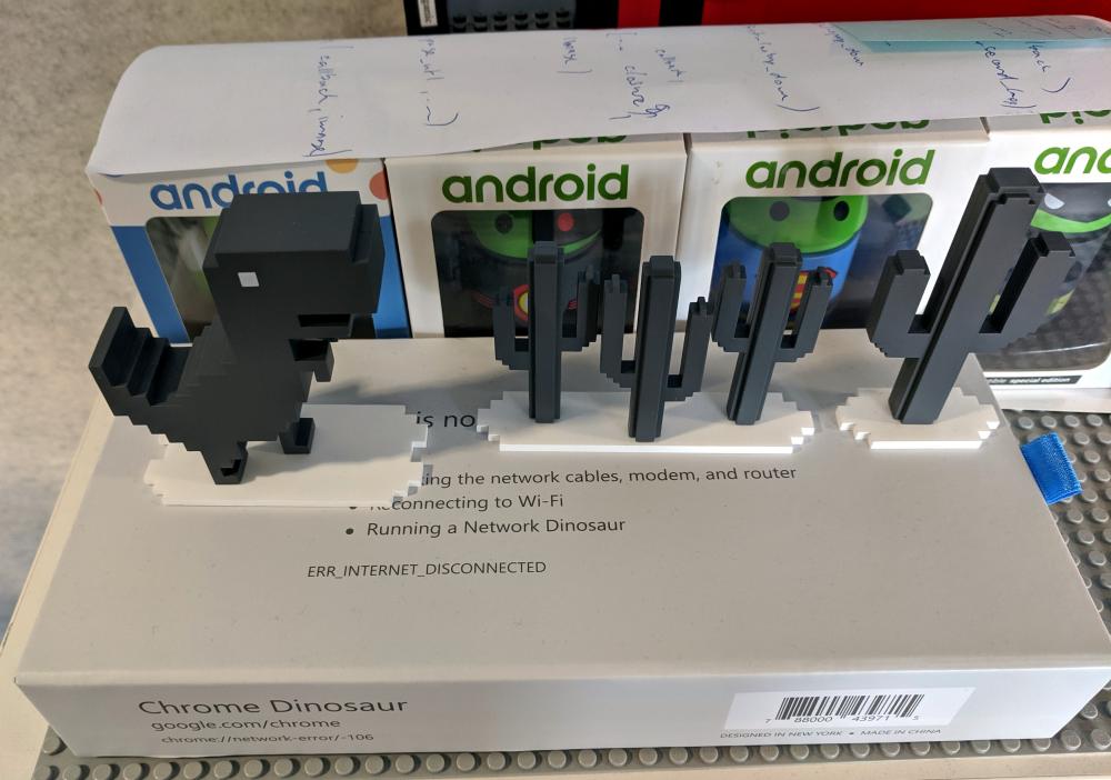 Chrome dinosaur and cactus figures displayed at Google